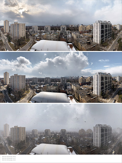 March 18, 2023 — Winter squall sequence in three frames: weak morning sun through thin cloud, towering fair-weather cumulus over the skyline, then a sudden whiteout burst of blowing snow.