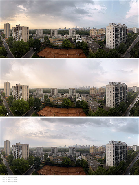 July 25, 2023 — Summer storm passing: warm peach light before the rain, a heavy downpour veiling the skyline, then a humid clearing with softened light over wet streets and clay courts.