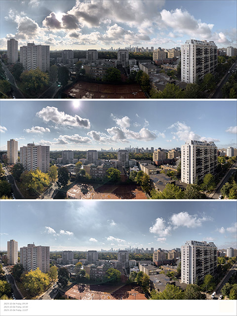 October 6, 2023 — Early-autumn clearing: ragged morning stratocumulus with sunbreaks, mid-morning lines of fair-weather cumulus marching east, then late-morning blue sky with small cotton clouds and crisp light on turning leaves.