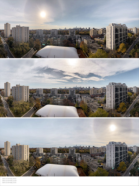 November 3, 2023 — Halo and high cloud study across the day: thin cirrostratus with a solar halo in the morning, textured mid-level cloud by noon, and a pale afternoon sun behind thin overcast.