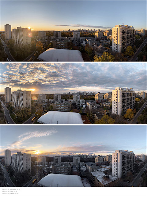 November sunrises — Three mornings a week apart: low sun cresting the ravine, layered altostratus igniting at daybreak, and a cool pink-blue dawn later in the month with bare November trees.