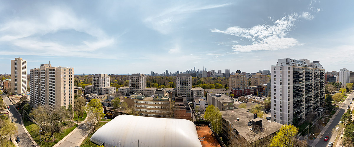 Open blue sky with thin cirrus streaks, the skyline clear and pale green in the park canopy.
