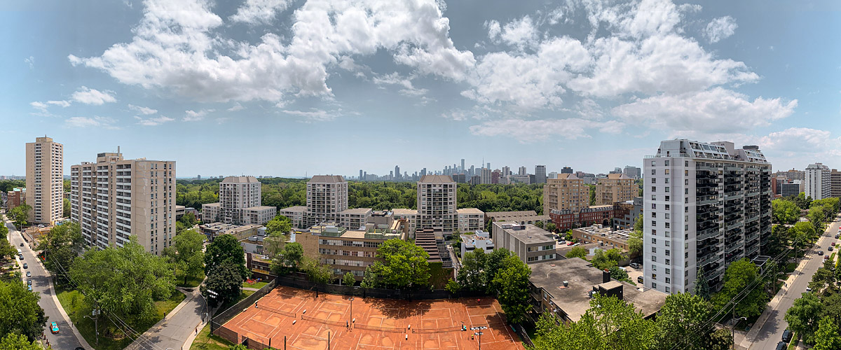 White cumulus scattered across a blue sky with the skyline sharp and the canopy in full green.